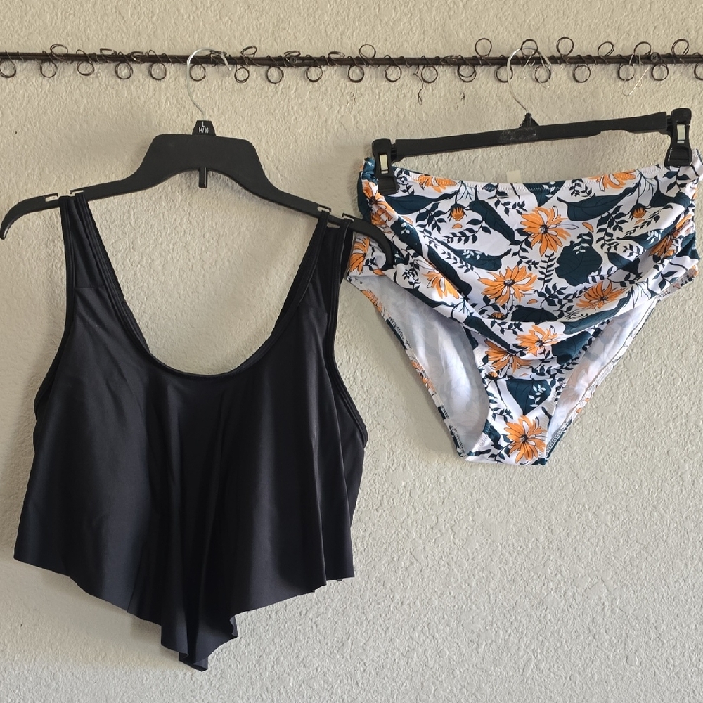 Two-Piece Swimsuit Set - Black Tankini Top & Floral High-Waist Bottoms